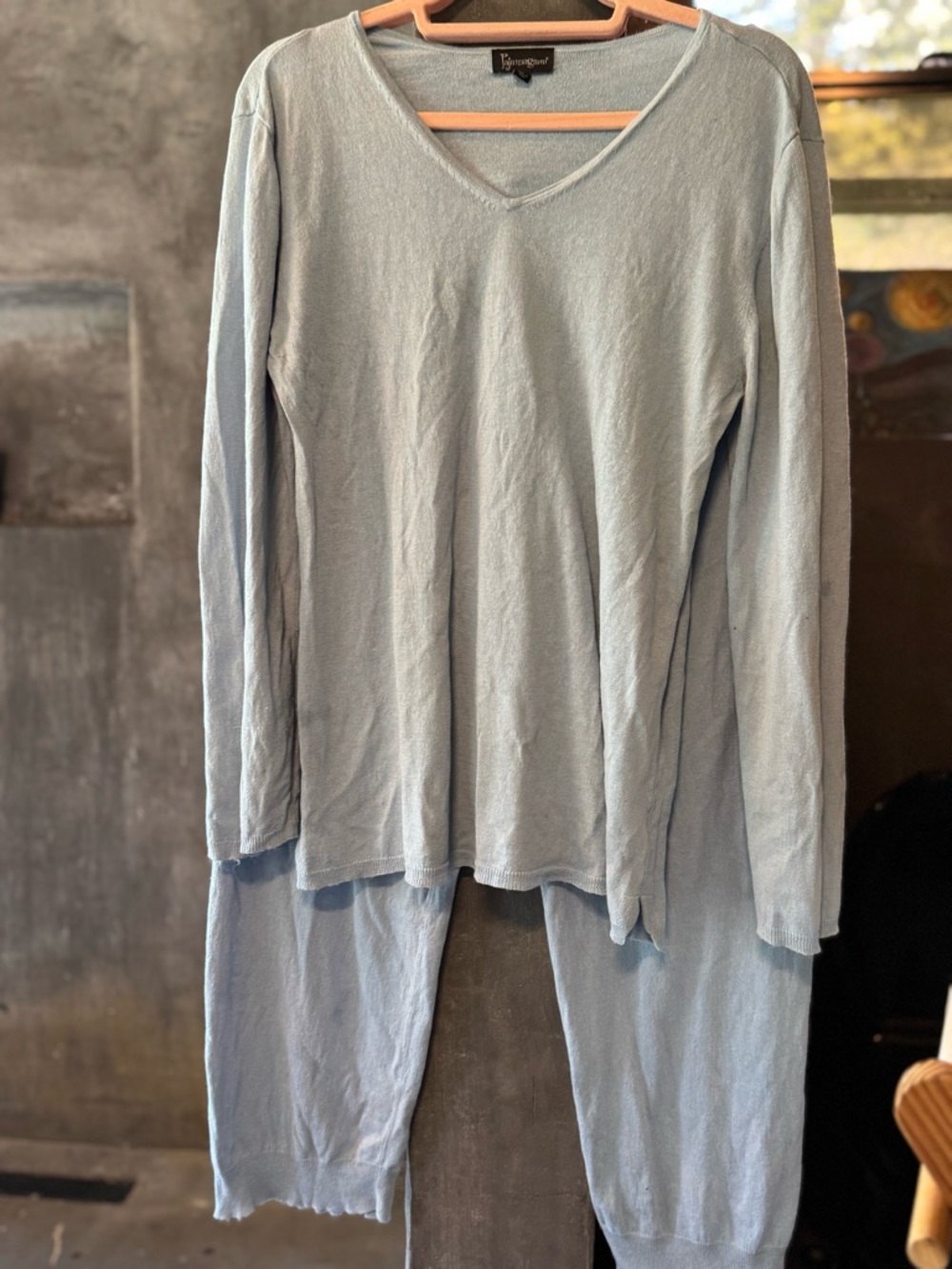 Silk Cotton Cashmere Light Blue Long Sleeve Lounge Set
